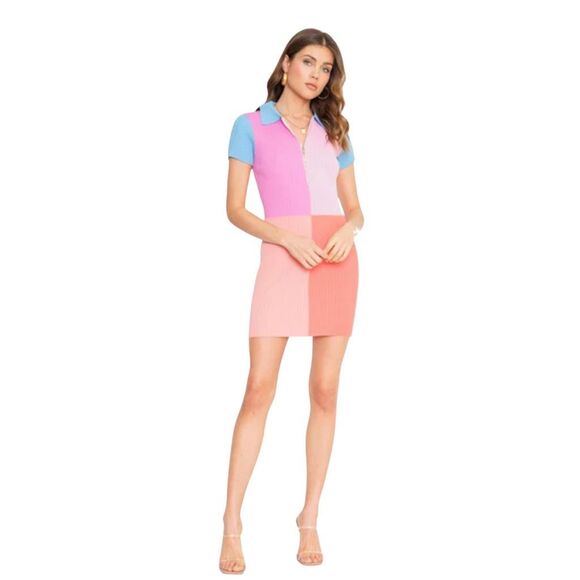 Dee Elly Pink Color Block Ribbed Collared Mini Dress Small - Picture 2 of 7